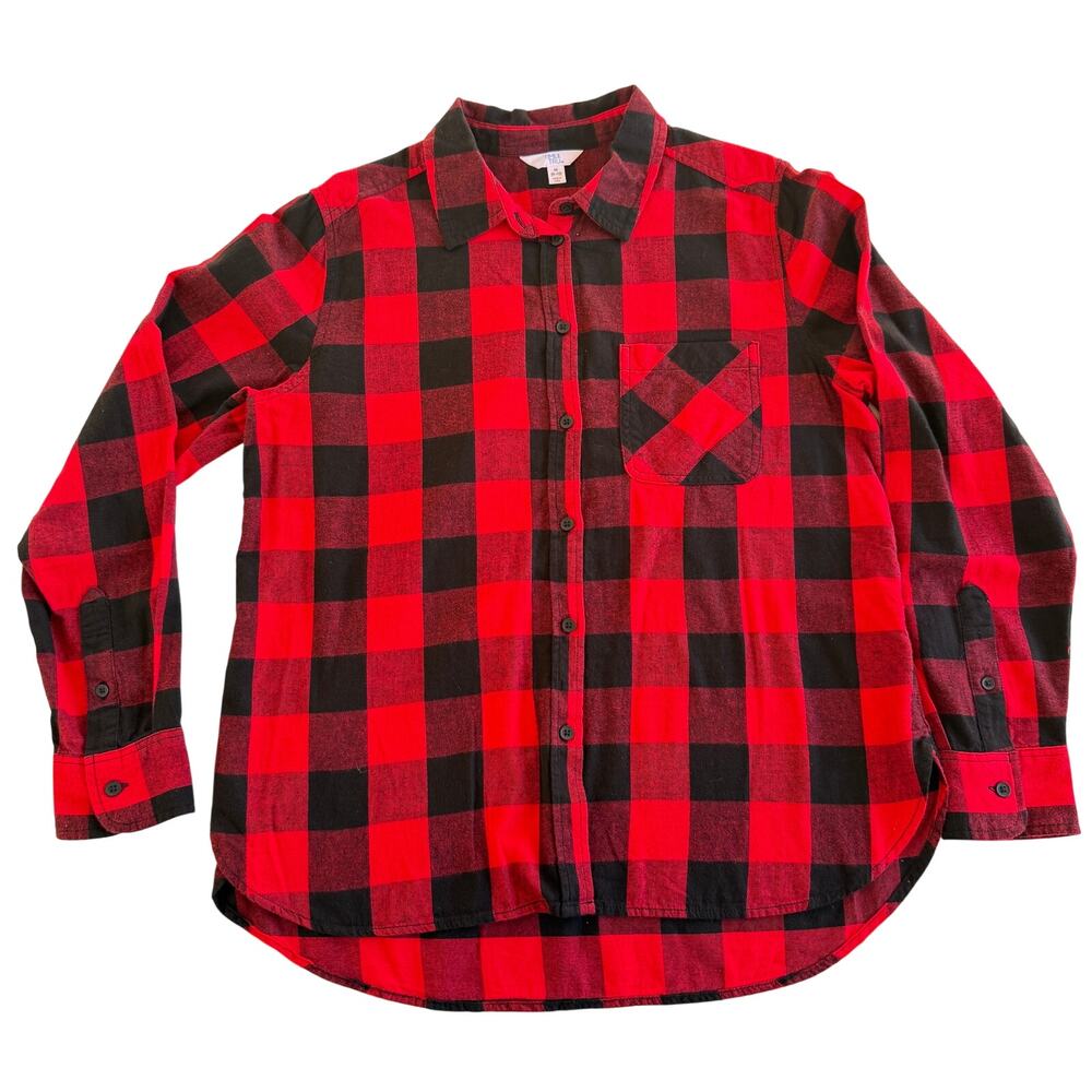 Time and Tru Womens Flannel Button Shirt Medium Black Red Preowned